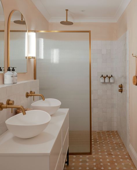 A delightful mixture of materials, and a warm colour pallet make this home chic and welcoming. ⁠ ⁠ Our handcrafted Terracotta White Octagon Zellige, are on the bathroom floor, with White Zellige used on the bathroom walls and kitchen splashback.⁠ ⁠ Credit:⁠ @taylorandporter⁠ Lusso Stone⁠ Devol kitchen accessories & lighting ⁠ Smith Newton architecture⁠ The Modern House White Zellige Tile, Zellige Tile Bathroom, Lusso Stone, Octagon Tile, Neil Perry, Moroccan Bathroom, Devol Kitchens, Kitchen Splashback, Zellige Tile