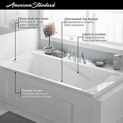 American Standard 2422V002.020 Evolution 5 ft. x 32 in. Deep Soaking Tub with Reversible Drain, White - Drop In Bathtubs - AmazonSmile Drop In Tub, Drop In Bathtub, Corner Tub, Deep Soaking Tub, Tub Ideas, Bathtub Drain, Tub Doors, Soaker Tub, Acrylic Bathtub