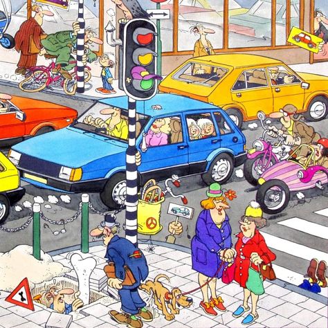 1989 - File / Traffic Jam - Jan van Haasteren - Jumbo puzzle (Illustration in color - NF - Dutch BV) Comic Art Spot The Difference Kids, Puzzle Illustration, Funny Puzzles, Medical Theme, City Sketch, Photo Prompts, Picture Prompts, Traffic Jam, Historical Monuments