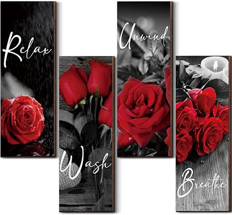 Amazon.com: Set of 4 Rose Bathroom Wall Art Wooden Flower Restroom Decor Rustic Romantic Floral Farmhouse Bathroom Wall Decor Modern Breathe Wash Unwind Relax Sign for Living Room Home Decor, 10 x 4 Inch (Red) : Home & Kitchen Signs For Living Room, Rose Bathroom, Craftsman Home Decor, Red Bathroom Accessories, Relax Signs, Stylish Room Decor, Wall Hanging Living Room, Floral Farmhouse, Red Kitchen Decor