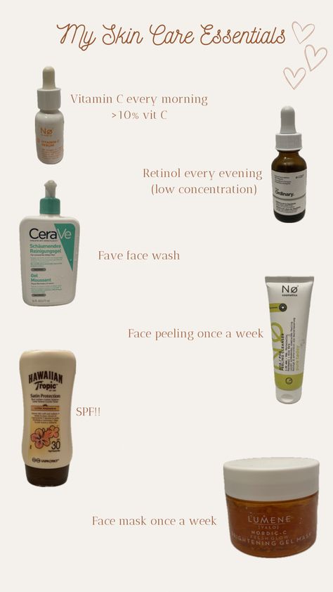 My skin care faves currently Every mornig i start with a vitamin c serum, it is important that you get one with more than 10% Vit C. I use Retinol every evening, since my serum is with a very low concentration (0,2%). If you are using retinol for the first time i recommend using it every 2-3 days so that your skin gets used to it, and after that increasing the concentration or the frequency. It is really important that you also use SPF with the Retinol serum!!!! Cerave Vitamin C Serum, Vit C Serum, Face Peel, Vit C, Retinol Serum, Vitamin C Serum, Skin Care Essentials, My Skin, Retinol