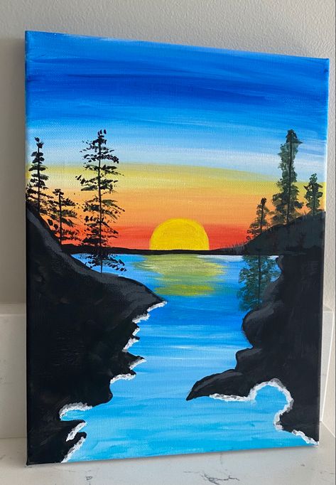 Pejzazi Art Easy, Acrylic Painting Ideas On Canvas Creative Home Decor, Sunset Landscape Painting Easy, Easy Paintings Sunset, Painting Scenery Landscapes, Lukisan Manusia Dengan Alam Sekitar, Simple Acrylic Paintings Landscape, Sunrise Painting Acrylic, Painting Ideas Sunset