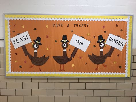 Thanksgiving Bulletin Boards For School Library, November Reading Bulletin Boards, Library November Bulletin Boards, November Bulletin Boards For Library, Thanksgiving Reading Bulletin Boards, Gobble Up A Good Book Bulletin Board, Easy Library Bulletin Board Ideas, Library Thanksgiving Bulletin Boards, Thanksgiving Bulletin Boards For Library