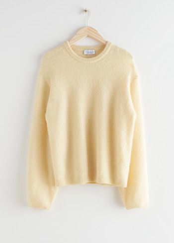 Fuzzy Wool Blend Sweater - Light Yellow - Sweaters - & Other Stories Yellow Jumper Outfit, Yellow Sweater Outfit, Jumper Outfit, Leather Boots Heels, Knitted Cape, Trouser Outfits, Light Knit, Wool Turtleneck, Yellow Sweater