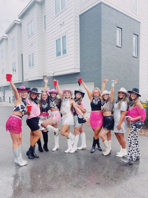 Cowgirl Bach Party Outfit, Hens Party Outfit Ideas, Bachlorette Party Cowgirl Theme, Matching Shirts For Bachelorette Party, Disco Cowgirl Nashville Bachelorette, Disco Cowgirl Party Outfit Ideas, Bacholerette Party Outfits Nashville, Bachelorette Party Outfits Group Funny, Nashville Disco Cowgirl