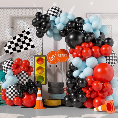 PRICES MAY VARY. 【Package Includes】 The race car balloons arch kit contains 18inch balloons( black 1pcs + red 1pcs + pastel blue 1pcs), 12inch balloons(black 10pcs + red 10pcs + pastel blue 15pcs), 10inch balloons(black 20pcs + red 15pcs + pastel blue 25pcs), 5inch balloons(black 15pcs + red 15pcs + pastel blue 19pcs), 5pcs black white checkered flag foil balooons, 1 roll of black ribbon, 1 roll of decorative strip, 1 roll of dots glue and 1 knotter. 【Premium Quality】Our black red balloons are m Need For Speed Birthday Theme, Racecar Balloon Arch, Race Car Balloon Arch, Race Car Themed Birthday Party Decoration, Car Theme 3rd Birthday Party, Car Theme Birthday Party Decorations, Race Car Balloon Garland, Two Year Old Car Theme Birthday, Monster Truck Birthday Decor