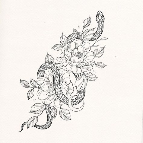 Snake And Floral Tattoo Design, Floral Snake Back Tattoo, Snake Tattoo Design With Flowers, Snake Peony Tattoo Design, Snake Around Flower Tattoo, Snake Through Flowers Tattoo, Snake Tattoos On Shoulder, Snake Flower Spine Tattoo, Snake N Flower Tattoo