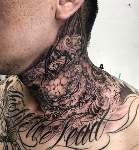 Tattoo by @tristen_chronicink Japanese Neck Tattoo, Full Neck Tattoos, Neck Tattoo Ideas, Best Neck Tattoos, Side Neck Tattoo, Throat Tattoo, Back Of Neck Tattoo, Neck Tattoos Women, Omerta Tattoo