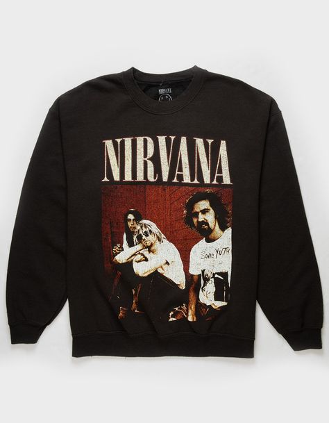 Nirvana Crewneck Sweatshirt. Large Distressed Graphic Screened On Front. Ribbed Crew Neckline. Cuffed Long Sleeves And Hem. Fleece Lining. Pilling On Fabric Surface To Create A Lived In Look. 50% Cotton, 50% Polyester. Machine Wash. Imported. Nirvana Crewneck, Nirvana Sweatshirt, Mens Crewneck, Mens Crewneck Sweatshirt, Graphic Sweaters, Band Merch, Fit Ideas, Drawing Clothes, Mens Crew Neck