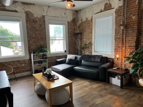 Studio Apartment Ideas Brick Walls, Small Brick Apartment, Brick Loft Apartment, Exposed Brick Living Room, Exposed Brick Apartment, Living Room With Brick Wall, Apartment Layouts, Brick Wall Living Room, Brick Apartment