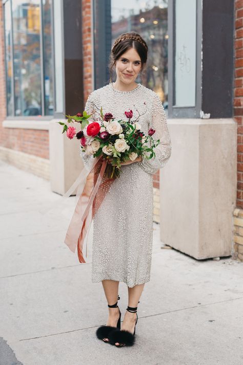 Chic bridal look Silver Wedding Dress, Short White Dress Wedding, Embellished Wedding Dress, Midi Wedding Dress, Short Wedding Dresses, Second Wedding Dresses, Edinburgh Wedding, Sleeved Wedding, Loft Wedding