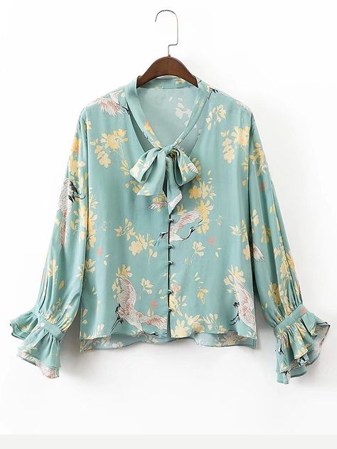 blouse170419207_2 Long Sleeve Loose Blouse, Floral Chiffon Blouse, Floral Long Sleeve Shirt, Fashion Tops Blouse, Tie Neck Tops, Shirt Styles, Blouse Outfit, Ladies Dress Design, Fashion 2017