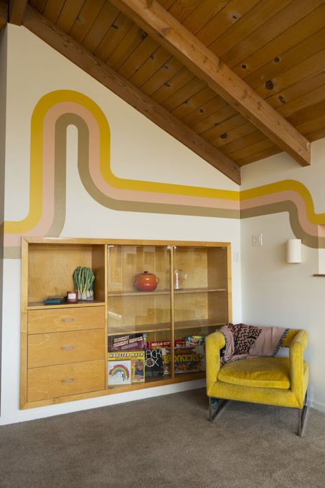 The Best Smart, Simple DIY Paint Ideas for 2021, According to Painting Experts | Apartment Therapy Ceiling Stripes Paint, Simple Paint Mural, Easy Murals To Paint Accent Walls, Multi Colored Walls Paint Ideas, Wave Wall Painting, Hallway Mural, Hanmer Springs, Townhouse Decor, Study Bar