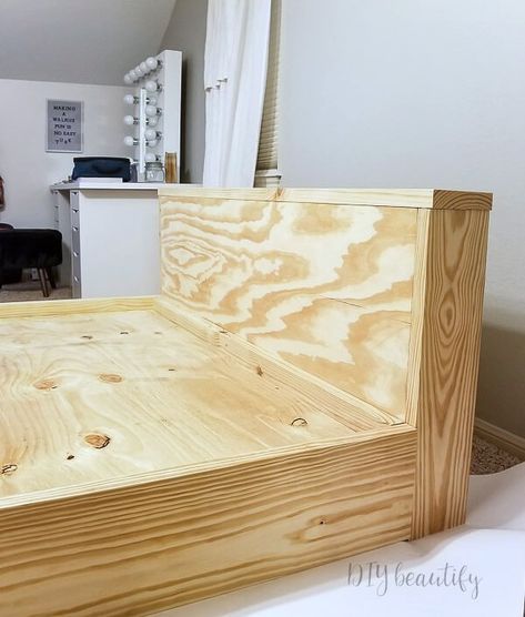 Build a modern platform bed for only $125! I'm sharing all the details for this Queen size bed at www.diybeautify.com. Diy Bed Frame Ideas Platform, Queen Sized Platform Bed, Platform Bed Couch, Diy Raised Platform Bed, How To Build A Bed Frame Platform, Platform Bed Plans King Size, Cheap Diy King Bed Frame, Simple Diy Bed Frame Platform, Queen Bed Diy Plans