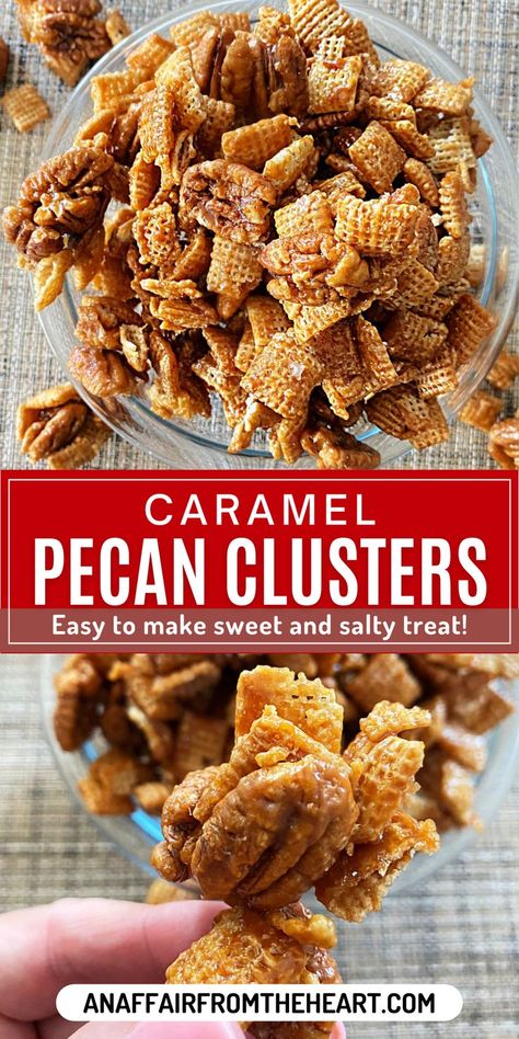 Close up of hand holding Caramel Pecan clusters. Caramel Pecan Clusters Recipe, Carmel Chex Mix Recipe, Fall Chex Mix Recipes, Caramel Chex Mix, Chex Mix Recipes Sweet, Pecan Clusters, Plus Size Tutu, Fall Tailgating, Recipe For Fall