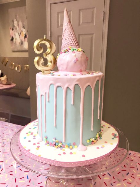 3rd Birthday Party For Girls, Ice Cream Birthday Party Theme, Third Birthday Girl, Ice Cream Party Theme, Ice Cream Cone Cake, Cream Birthday Party, Pastel Cake, Birthday Party Idea, Ice Cream Birthday Cake