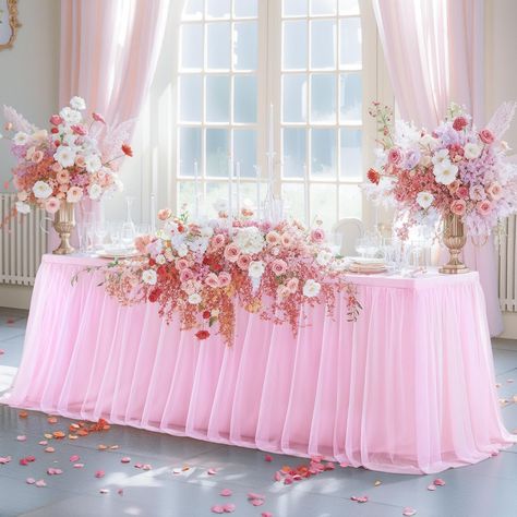 PRICES MAY VARY. Pink tablecloth skirt size: 2-in-1 pink table cloth - a fitted pink table cover and pink tulle table skirt combined in a single piece. Its unique fitted design ensures a perfect fit for desk and tables, 6ft tulle table skirt refers to the length of the table. The 6ft table skirts for rectangle tables can cover L72in×W29.5×H30in rectangle table. Our tulle tablecloths are a little stretchy, please measure your table size before you buy it. Wide Range of Usage: These pink tulle tab Pink Garden Party Decorations, Pink Wedding Table Decor, Pink Table Cloth, Desk Skirt, Tablecloth Skirt, Pink Tulle Table Skirt, Tulle Tablecloth, 6ft Table, Pink Wedding Decor