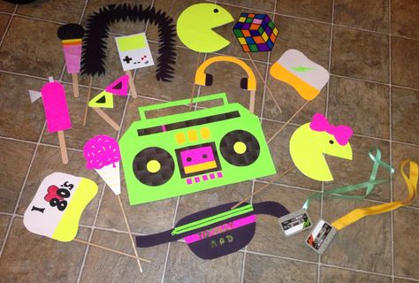 Props made for my 80's party photo booth. Used Bristol board and thick paper glued behind it so that it kept its shape while holding it up. Hot glued sticks as handles that were bought at the dollar store. 80s Photo Booth, 80s Party Decorations, 80s Birthday Parties, 80's Party, 80s Photos, 80s Theme Party, Blacklight Party, 80s Theme, Skate Party