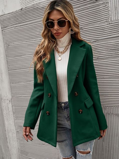 Dark Green Elegant Collar Long Sleeve Wool-Like Fabric Plain Regular Embellished Non-Stretch Fall/Winter Women Suits Dark Green Blazer Outfit For Women, Dark Green Blazer Outfit, Europe Autumn, Blazer Marron, Outfit Uni, Double Blazer, Dark Green Blazer, Outfit Mit Blazer, Blazer Verde