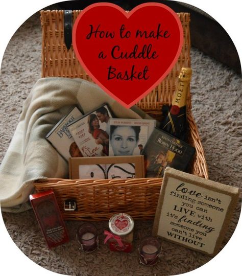 How to make a cuddle basket. The perfect personalised gift for your valentine. Or perhaps a Christmas gift? Add in their favourite sweets, a DVD and a blanket and enjoy some quality time together. Cuddle Basket Gift, Date Night In Gift Basket, Night In Gift Basket, Date Night Basket, Christmas Gift Hampers, Party Boxes, Holiday Baskets, Bf Gifts