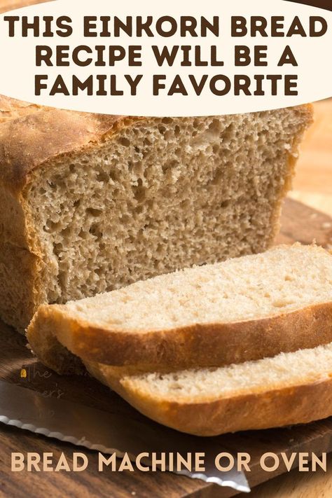 loaf of einkorn bread sliced Whole Grain Einkorn Bread, Emmer Flour Bread, Bread Machine Einkorn Bread, Einkorn Recipes Breads, Einkorn Coffee Cake, Einkorn Quick Bread, Einkorn Sandwich Bread Recipe, Einkorn Flour Bread Machine Recipes, Spelt Bread Machine Recipes