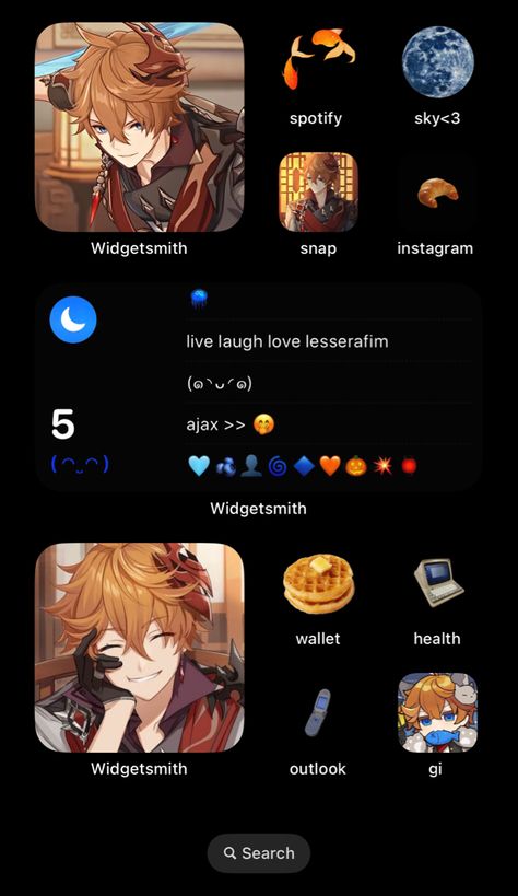 genshin homescreen layout aesthetic orange red black blue ios 16 childe tartaglia ajax Childe Phone Design, Childe Widget Icon, Childe Genshin Lockscreen, Tartaglia App Icons, Tartaglia Phone Theme, Childe Widgets Genshin, Genshin Homescreen, Widget Design, Homescreen Layout