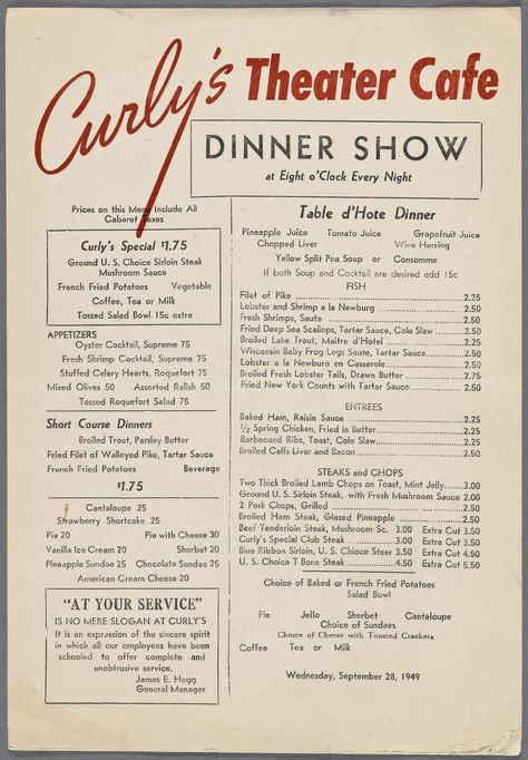 1940s menu for Curly's Theater Cafe Cafe Menus Food, Vintage Menus Restaurants, Diner Menu Ideas, 1940s Restaurant, Vintage Menu Design, 1940s Design, Yellow Split Pea Soup, Menu Sans Gluten, Chopped Liver