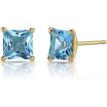 Princess Cut Stud Earrings, Blue Topaz Jewelry, Princess Cut Gold, Blue Topaz Earrings, Topaz Earrings, Swiss Blue Topaz, Square Earrings, Topaz Gemstone, Gold Earrings Studs