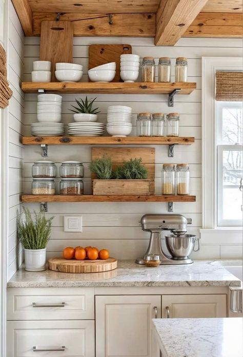 Open Shelving Next To Microwave, Open Shelves Microwave, Kitchen Wood Open Shelves, Kitchen With Open Upper Shelves, Kitchen Shelves In Front Of Window, Half Kitchen Ideas, Tiny Kitchen Open Shelving, Over Range Microwave Open Shelving, Practical Open Shelving Kitchen