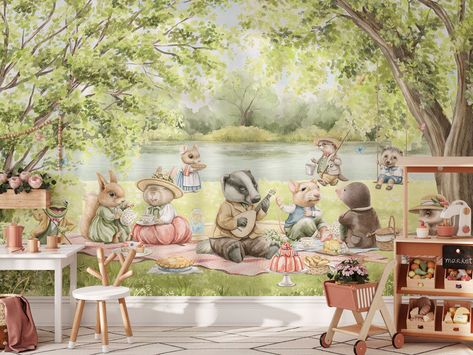 Cute Animals Wallpaper, Wallpaper Woodland, Forest Animals Nursery, Children's Wallpaper, Children Wallpaper, Forest Animal Nursery, Kindergarten Wallpaper, Woodland Wall Art, Wind In The Willows