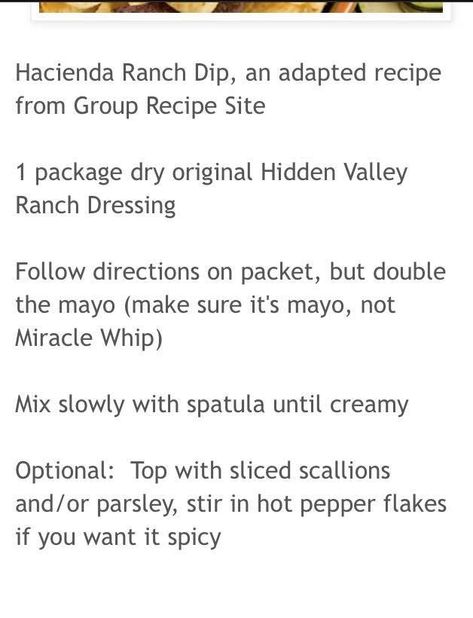 Hacienda Ranch Recipe, Fiesta Ranch Dip, Ranch Dip Recipe, Hidden Valley Ranch Dressing, Ranch Dressing Recipe, Ranch Recipe, Salad Sauce, Miracle Whip, Ranch Dip