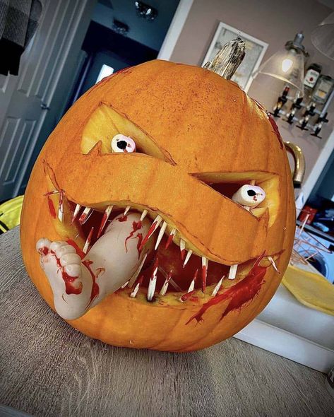 Art Pumpkin Carving, Pumpkin Carving With Teeth, Halloween Scary Pumpkins, Gory Pumpkin Carving, Pumpkin Carving Competition, Medusa Pumpkin Carving, Pumpkin Eating Baby Pumpkin Carving, Pumpkin Cravings Ideas Creative, Scary Pumpkin Decorating