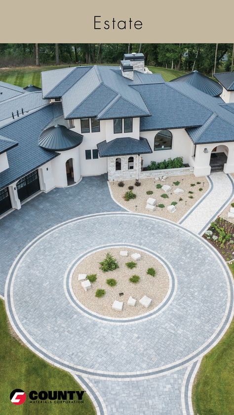 Modern Circle Driveway, Driveway Hardscape Ideas, Motorcourt Driveways, Modern Farmhouse Driveway Entrance, Wrap Around Driveway Ideas, Wide Driveway Ideas, Circle Driveway Ideas Front Yards, Double Driveway Ideas, Round Driveway Ideas