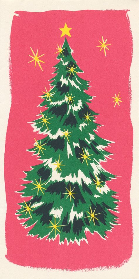 Vintage Christmas Cards 1960s, Retro Christmas Tree Illustration, 60s Christmas Card, Vintage Christmas Greetings, Vintage Christmas Magazine, Vintage Christmas Poster Design, Retro Christmas Painting, Fun Christmas Aesthetic, Vintage Christmas Tree Drawing