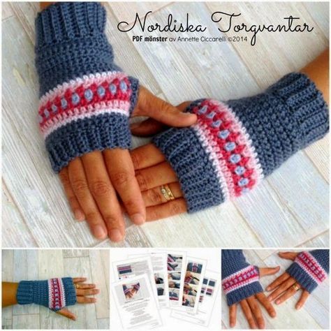 Nordiska Torgvantar - mönster pa SVENSKA! Crochet Hand Warmers, Crochet Wrist Warmers, Fingerless Gloves Crochet Pattern, Glove Pattern, Crochet Gloves Pattern, Gloves Pattern, Crochet Fingerless Gloves, Crochet Mittens, Crochet Gloves