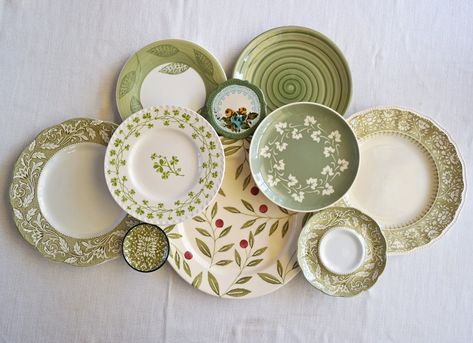 Cottagecore Plate Set, Green And White China, Mismatched Plates Table Setting, Mismatched Table Setting, Country Plates, Tea Bag Plate, Uni Aesthetic, Olive Sage Green, Cream Plates