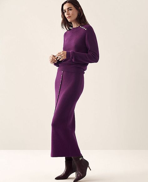 Our long column sweater skirt is punctuated with a polished button front. Elasticized waist. Button front placket.,Hit:32 3/4" long,Imported:Imported,Fit:Hits at ankle,Length:32 3/4" long,Fabrication:52% Viscose, 48% Nylon,Garment Care:Machine Washable Button Front Column Sweater Skirt by Ann Taylor Size regular - Medium Pulsar Purple Women's Straight, Skirts, 52%, Viscose, 48%, Nylon, Machine, Washable Best Fall Sweaters Column Skirt, Trendy Clothes For Women, Mock Neck Sweater, Fall Sweaters, Sweater Skirt, Ankle Length, Effortless Style, Sweater Top, Ann Taylor