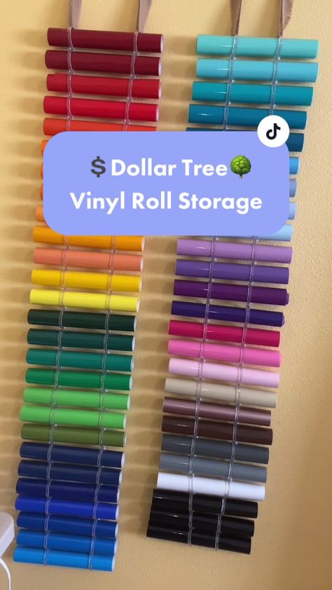 Finally tried the vinyl roll storage idea I’ve seen all over TikTok! ... | vinyl roll storage | TikTok How To Organize Cricut Vinyl, Vinyl Rolls Storage Ideas, Storage For Vinyl Rolls Diy, Diy Htv Vinyl Storage, Diy Vinyl Roll Holder, Vinyl Storage Ideas Diy Craft Rooms, Vinyl Organization Ideas Diy, Cricut Supply Storage, Cricut Paper Storage