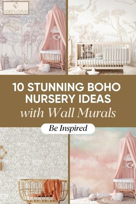 Looking to create a dreamy boho nursery for your little one? Check out these 10 inspiring ideas featuring beautiful wall murals that add color, texture, and personality to any space. From whimsical patterns to serene landscapes, find the perfect mural to elevate your nursery's boho vibe.  Explore these ideas now and get inspired to transform your nursery! Boho Nursery Ideas, Wall Mural Ideas, Safari Scene, Whimsical Patterns, Pink Flowers Wallpaper, Nursery Mural, Forest Wall Mural, Tropical Animals, Mural Ideas