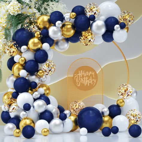 Navy Blue Gold And White Party Decor, Blue And Gold Balloon Arch, Γενέθλια Mickey Mouse, 1 Balloon, White Confetti, Gold Confetti Balloons, Blue Balloon, Metallic Balloons, Balloon Kit