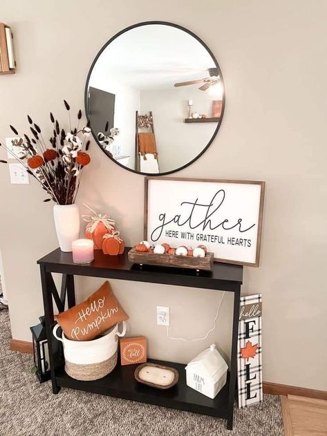 Farmhouse Fall Door Decorations, Fall Decor Apartment Kitchen, Entry Table Decor Apartment, Sofa Table Behind Couch Fall Decor Ideas, Decor For Fall Living Room, Fall Decor Ideas For An Apartment, Cute Fall Living Room Ideas, Family Gallery Wall Living Rooms Bohemian, Fall Decor On Entry Table