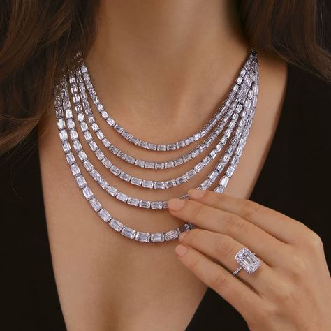 A magnificently luxurious necklace, featuring 261 graduated ASHOKA® cut diamonds in five elegantly draped layers, set in platinum. A solitaire ring as timeless as love itself, featuring an ASHOKA® cut diamond, surrounded by a micropavé halo, on a micropavé platinum band. Ashoka Diamond, Hammered Silver Jewelry, Jewelry Photos, Jewelry Magazine, Diamond Necklace Designs, Bridal Diamond Jewellery, Diamond Pendants, Diamond Jewelry Necklace, Sparkly Things