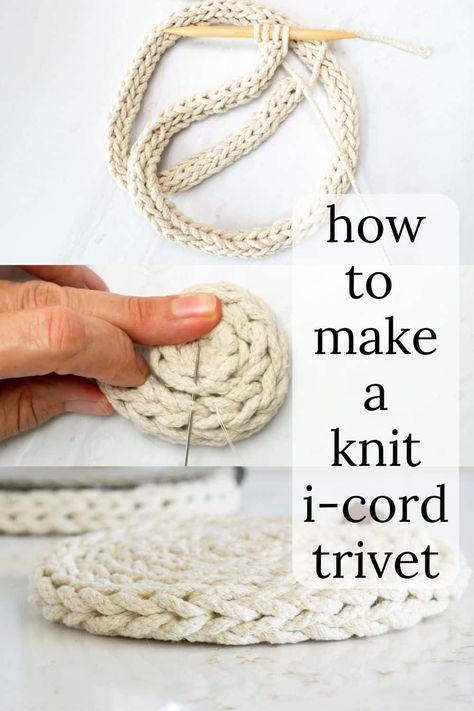 This post shows you how to knit an i-cord and then how to coil the knit i-cord to make a lovely and useful trivet. This Free I-Cord Trivet Pattern features step-by-step and illustrated instructions ensure your i-cord success! Knit Trivet, Knit Linen Stitch, Knit Cord, Knit Coaster, Double Pointed Knitting Needles, Knitted Washcloths, Knit Rug, Easy Knitting Projects, Knitted Wire