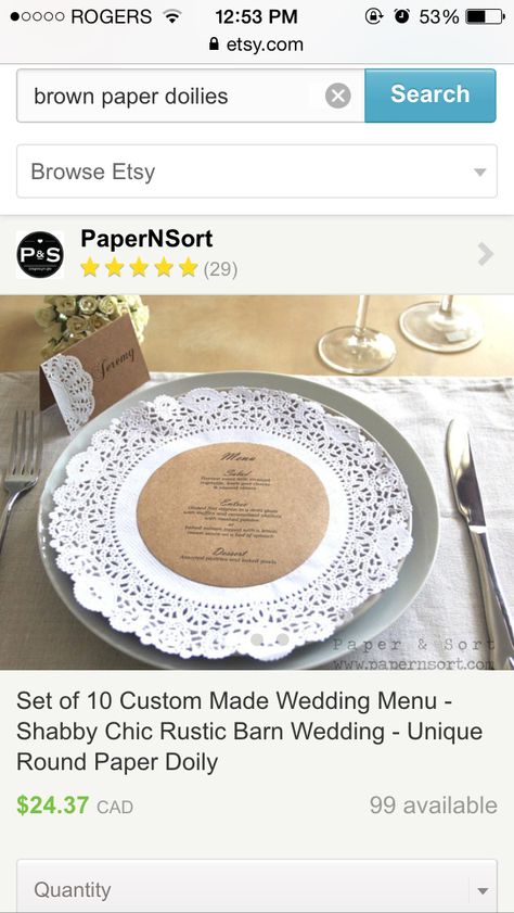 Doily menu Doilies Brown paper Paper Placemats Ideas, Placemats Ideas, Wedding Table Decor Ideas, Brown Paper Bags, Doily Wedding, Circle Table, Paper Placemats, Table Decor Ideas, Paper Doilies