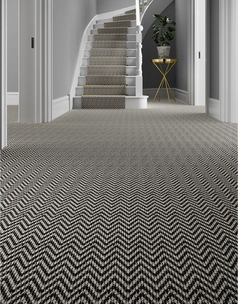 Bold Carpet On Stairs, Herringbone Carpet Stairs And Landing, Herringbone Stair Carpet, Hall Carpet Ideas, Black And Beige Hallway, Carpets For Stairs And Landing, Stairs And Landing Carpet, Modern Carpet Stairs, Herringbone Carpet Stairs