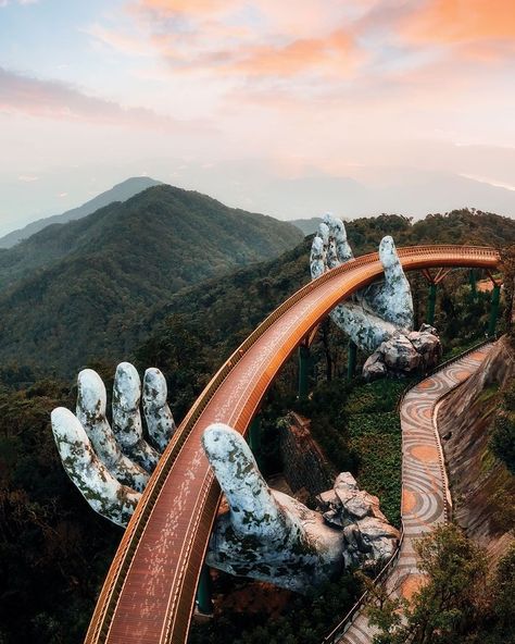 BEAUTIFUL DESTINATIONS’s Instagram profile post: “The Golden Bridge is a 150-meter-long pedestrian bridge near Da Nang, Vietnam. 🤩Offering majestic panoramic views of the surrounding…” Buddhist Pagoda, Da Nang Vietnam, Golden Bridge, Visit Vietnam, Travel Music, South China Sea, Pedestrian Bridge, Canon Photography, Vietnam Travel