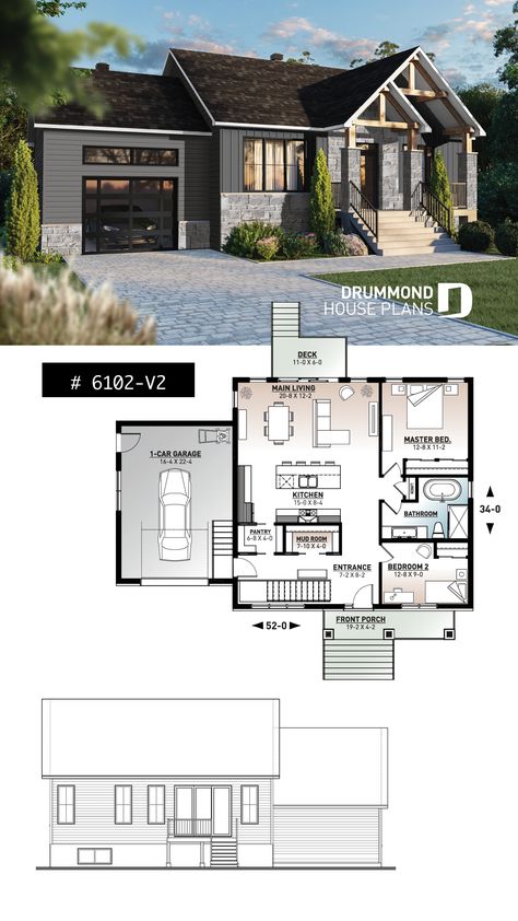 2 bedroom ranch style house plan with garage, pantry, kitchen island and open floor plan concept 2 Bedroom 1 Floor House Plans, 2 Bed 2 Bath 2 Car Garage House Plans, House Plans With Bedrooms In Basement, Two Bedroom House Plans Open Floor Small, Two Bedroom Ranch House Plans, Norwegian House Plans, House Exterior 1 Floor, 2 Bedroom 2.5 Bath House Plans, Small Scandinavian House Plans