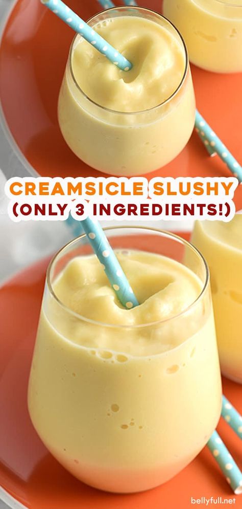 This Creamsicle Slushy drink is a healthier version of the popular summer popsicle, but just as delicious and refreshing! Creamsicle Slushy, Slushy Drinks, Creamsicle Smoothie, Slushie Recipe, Drink Recipes Nonalcoholic, Smoothie Drink Recipes, Healthy Drinks Recipes, Jello Shots, Punch Recipes