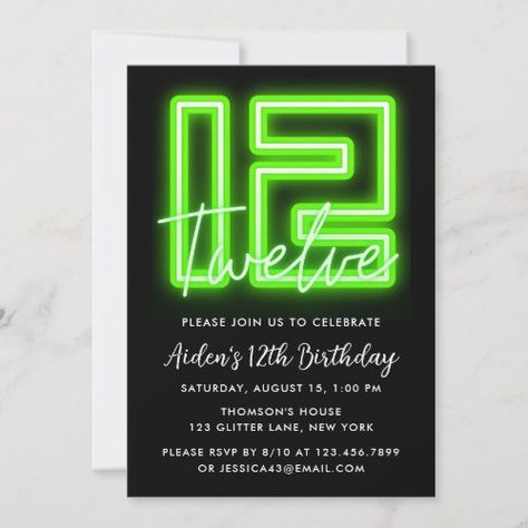 $2.93 | Neon Green 12th Birthday Invitation - modern, neon, birthday party invitation, glowing neon, birthday invitation, boy birthday invitation, neon glow in the dark, 12th birthday, twelve, neon green Neon Party Invitations Template, Neon Party Invitations, Cmyk Ink, Neon Birthday Party, Neon Birthday, Boy Birthday Invitations, Neon Party, Birthday Supplies, 12th Birthday