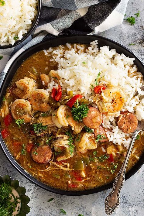 Slow Cooker Chicken, Sausage, and Shrimp Gumbo is a wonderfully hearty meal made easy with the crockpot! This New Orleans inspired dish is full of flavor and feeds a crowd! Shrimp Gumbo Crockpot, Easy Shrimp Gumbo, Sausage And Shrimp Gumbo, Best Gumbo Recipe, Gumbo Crockpot, Shrimp Gumbo Recipe, Shrimp And Sausage Gumbo, Creole Gumbo, Shrimp Gumbo